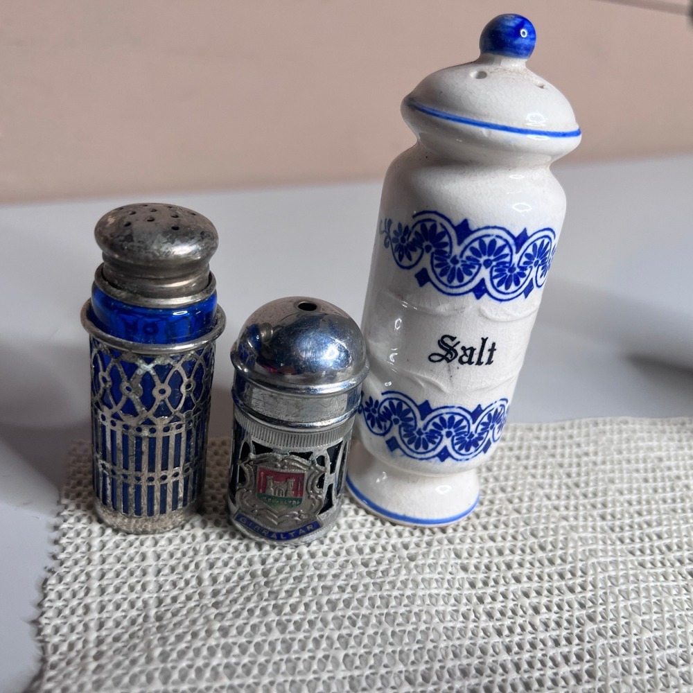 Vintage Salt Shaker Set Cobalt Blue Glass Japan Ceramic Gibraltar Souvenir 3pc